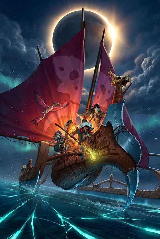 A bladeship crew sails across cracked teal ice beneath a solar eclipse — Azuhl campaign art