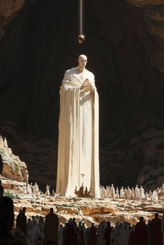A towering robed prophet rises above worshippers in a vast canyon — gods walking among mortals in Azuhl